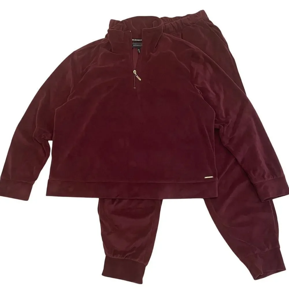 BCBGMAXAZRIA Velour Velvet L Tracksuit Set | Plum Pullover & Joggers, Y2K Lounge